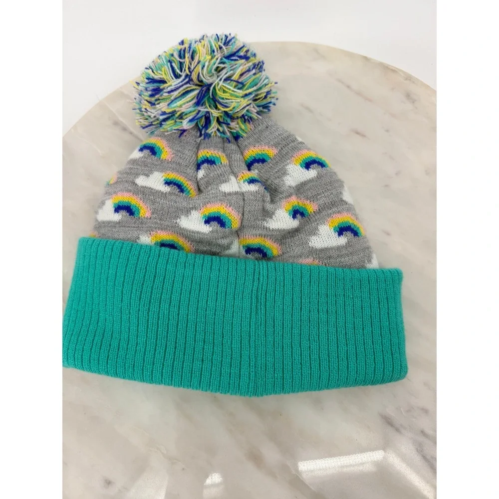 Tucker + Tate Kids Rainbow Cloud Knit Beanie Teal Grey Pom Pom Hat One Size